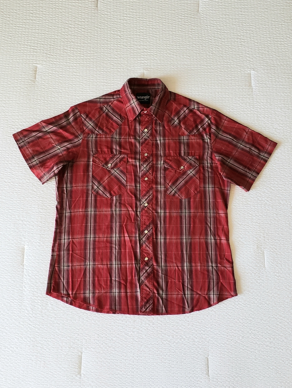 WRANGLER Men's Western Shirts Pearl Snap Cowboy 2-Pocket Plaid Shirt (L) Red